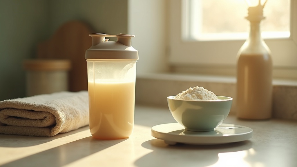 Lifestyle context still-life, eye-level on a sunlit kitchen counter: a filled pr