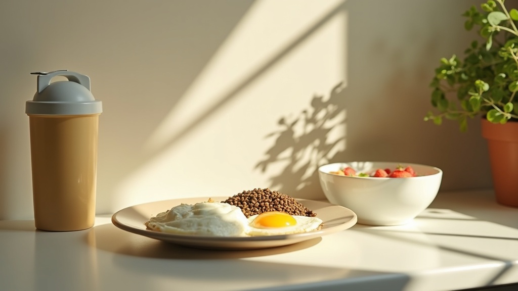 Lifestyle context still-life, eye-level on a sunlit kitchen counter: a shaker bo