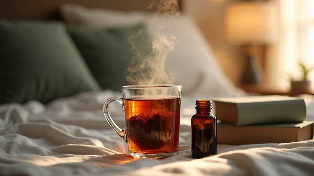 Daylight documentary photo, no human faces. A clear glass mug of dark reishi tea