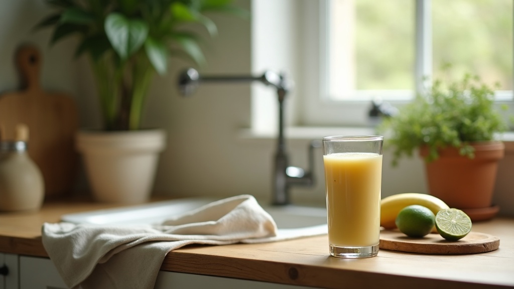 Quiet 16:9 kitchen counter scene in soft late-morning daylight: a tall clear gla