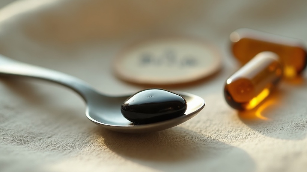 Tight macro close-up of a single dark glossy drop of shilajit resin balanced on 