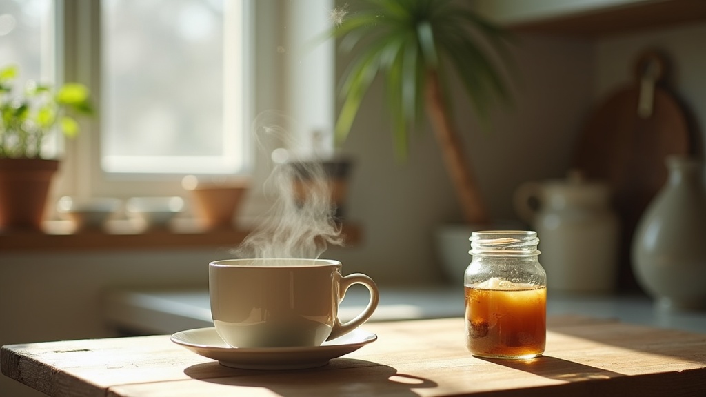 Lifestyle context shot of a simple ceramic mug of warm pale tea on a worn wooden