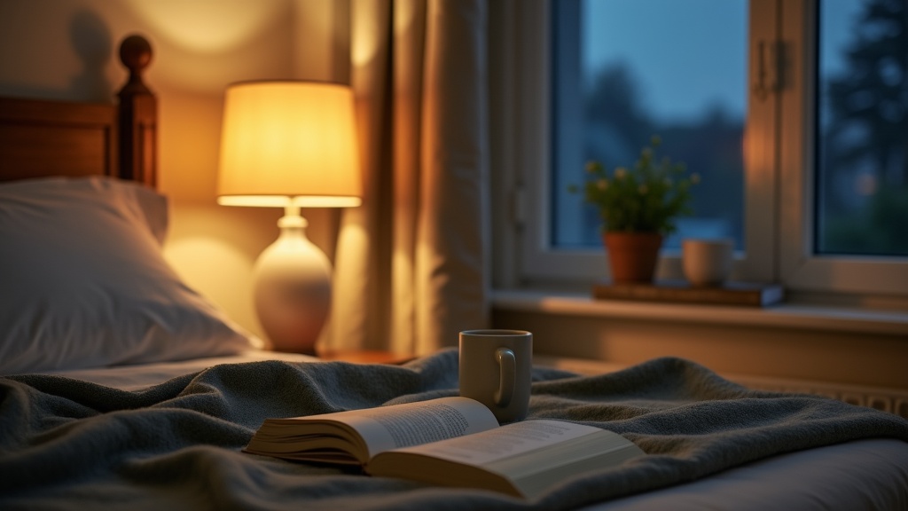 Lifestyle context still life of a quiet bedroom corner in soft late-evening ligh