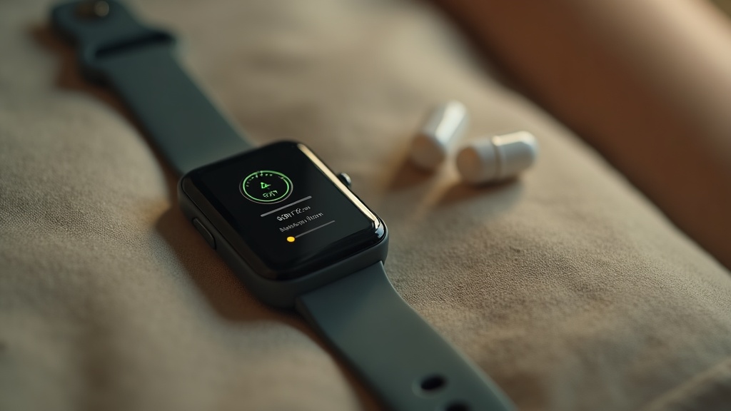 Close-up macro of a slim wrist-worn sleep tracker showing a faint green optical 