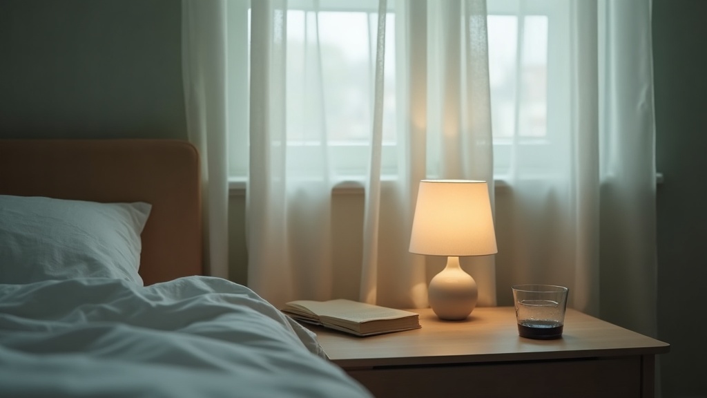 Quiet bedside scene at very early morning, pale grey-blue light through a partia