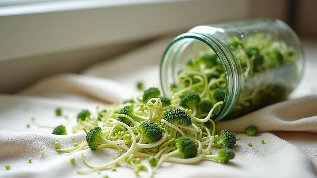 Natural daylight close-up photo of fresh broccoli sprouts spilling from a glass