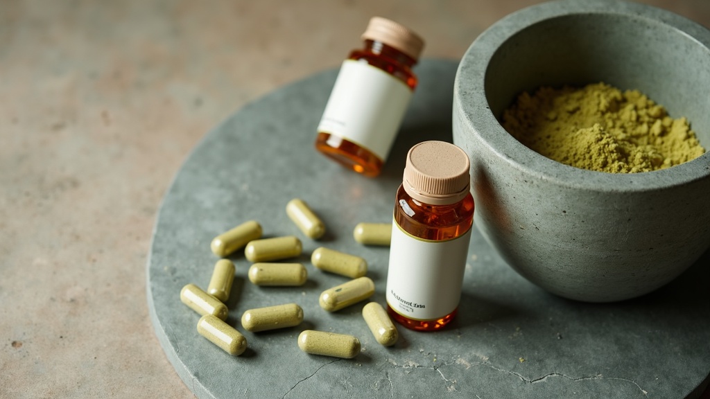 Natural daylight overhead photo of two supplement bottles and loose capsules arr