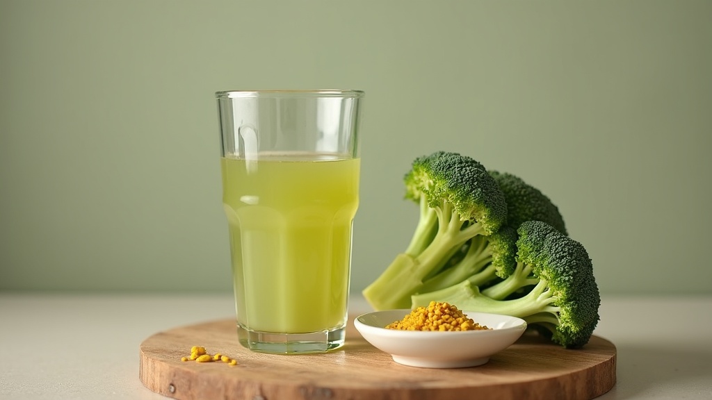Natural daylight photo of a clear glass of pale green broccoli sprout beverage b