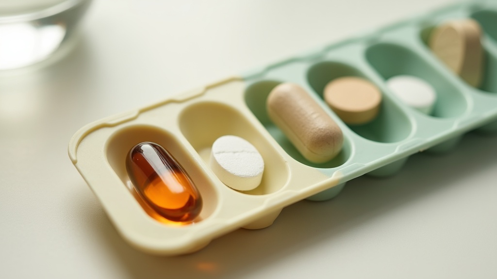 Overhead close-up of a seven-compartment pale plastic weekly pill organizer on a
