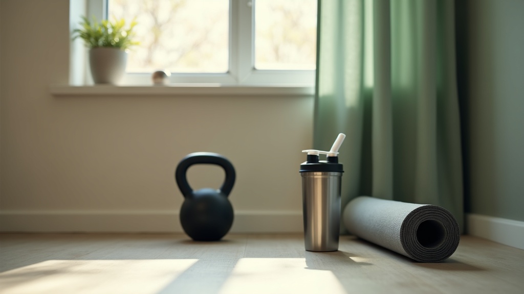 Documentary lifestyle still life of a quiet home gym corner: a single black kett