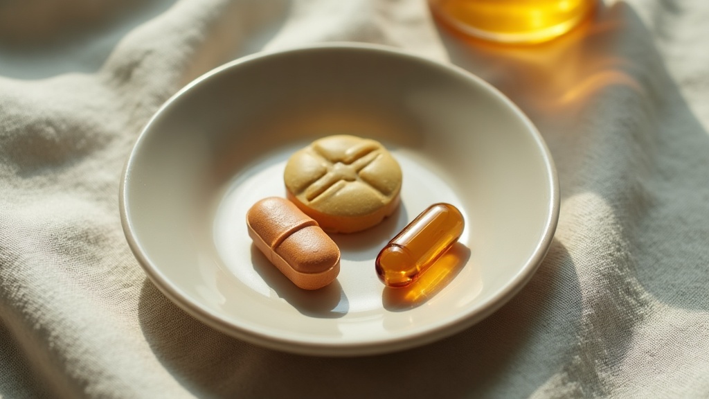 Overhead close-up on linen of a single chewable bariatric multivitamin, two pale