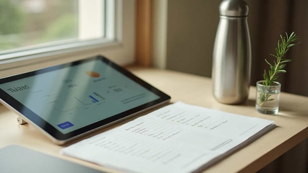 Lifestyle context shot of a minimalist desk at dawn: a tablet face down showing