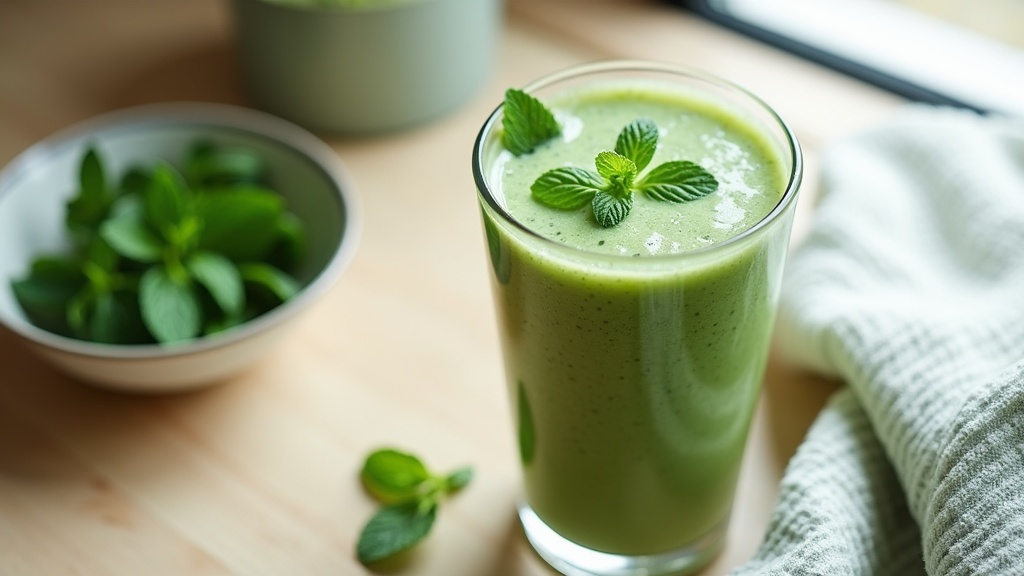 Lifestyle still life from above: a chilled green smoothie in a tall glass on a p