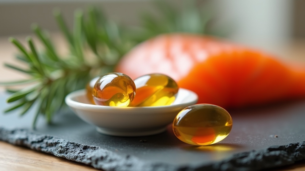 Tight macro close-up of three amber EPA-dominant fish oil softgels resting on a