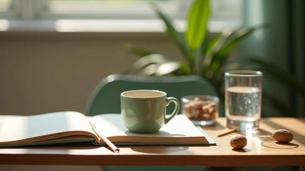 Lifestyle context shot of a student's desk in late afternoon: an open textbook,