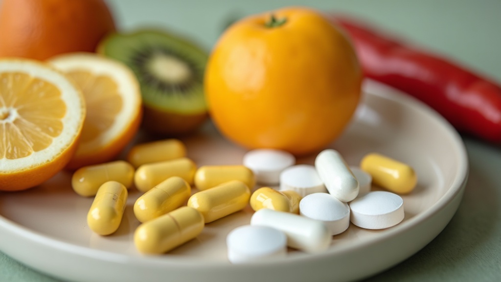 Close-up still life of yellow quercetin capsules and white vitamin C tablets on 