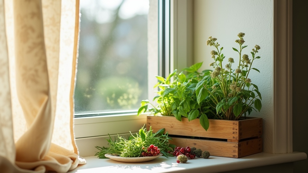 A bright kitchen windowsill with a small wooden box of fresh herbs, stinging net