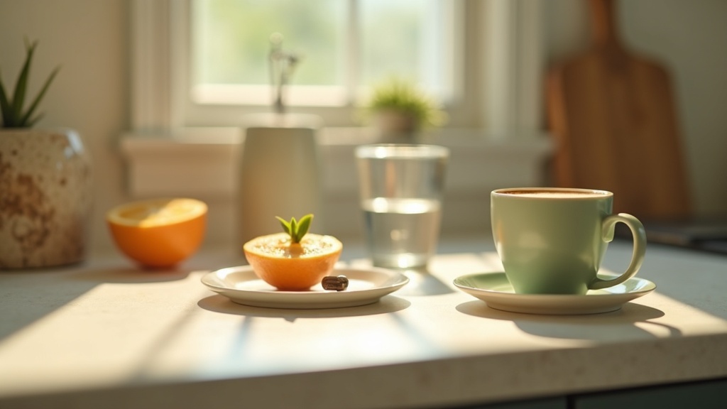 Lifestyle context still-life, eye-level on a sunlit kitchen counter: a single ir