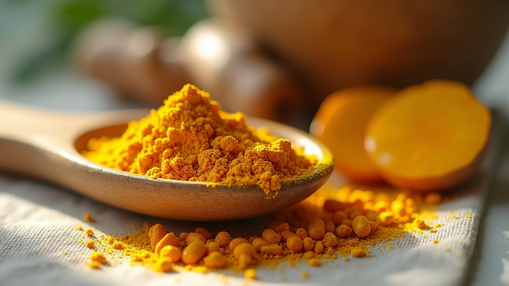 Macro close-up of a wooden spoon holding bright golden turmeric powder beside tr