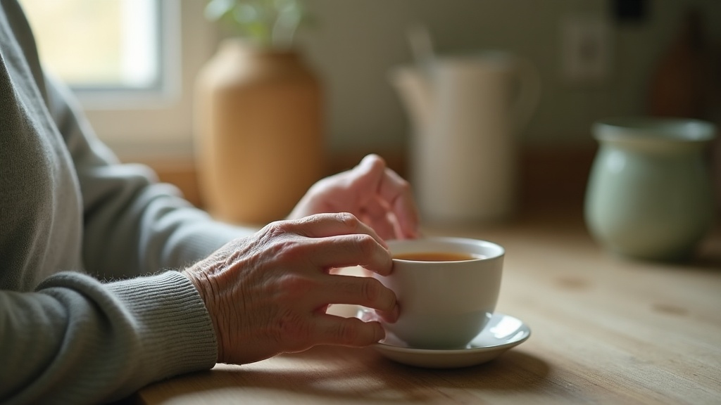 Hands of an older adult, no identifiable face, gently flexing fingers around a w