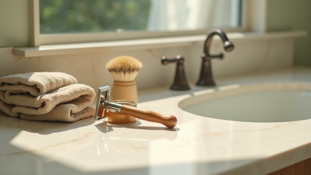 16:9 lifestyle scene in soft late-afternoon daylight: a wooden-handled safety ra
