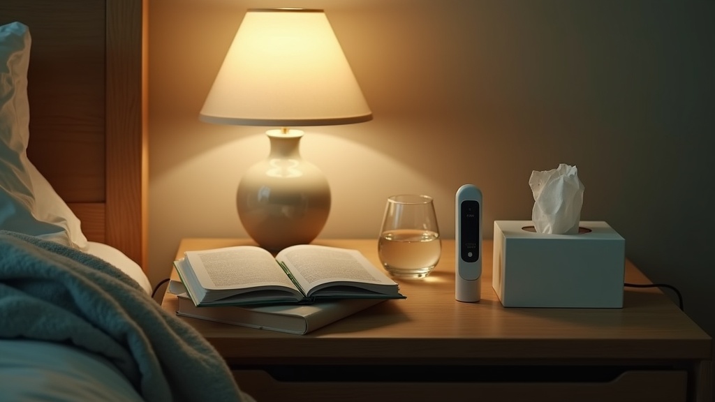 A tidy nightstand at dusk in cool lamp light: a folded grey wool blanket edge, a