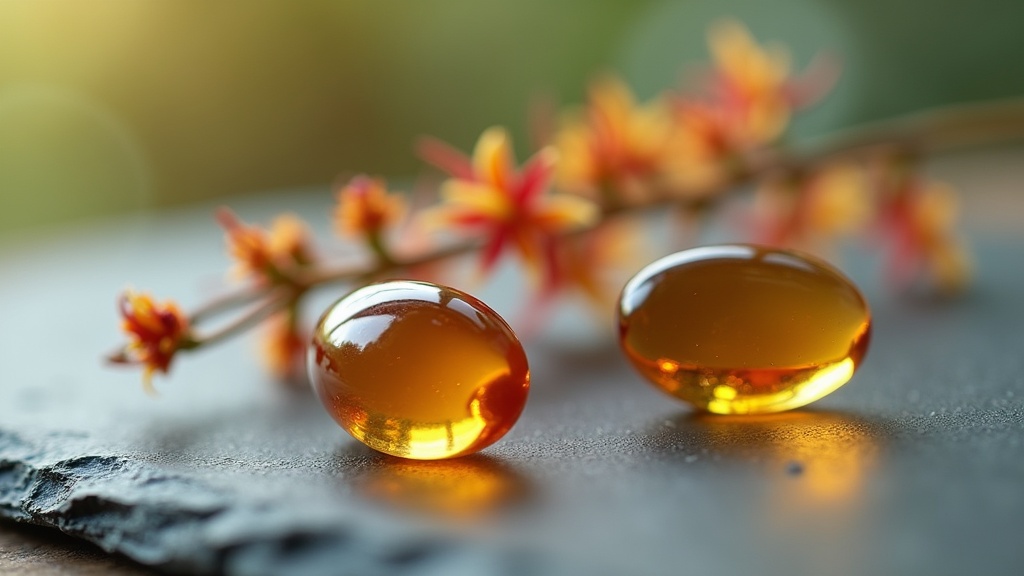 Macro close-up of two translucent amber fish oil softgels resting next to a sing