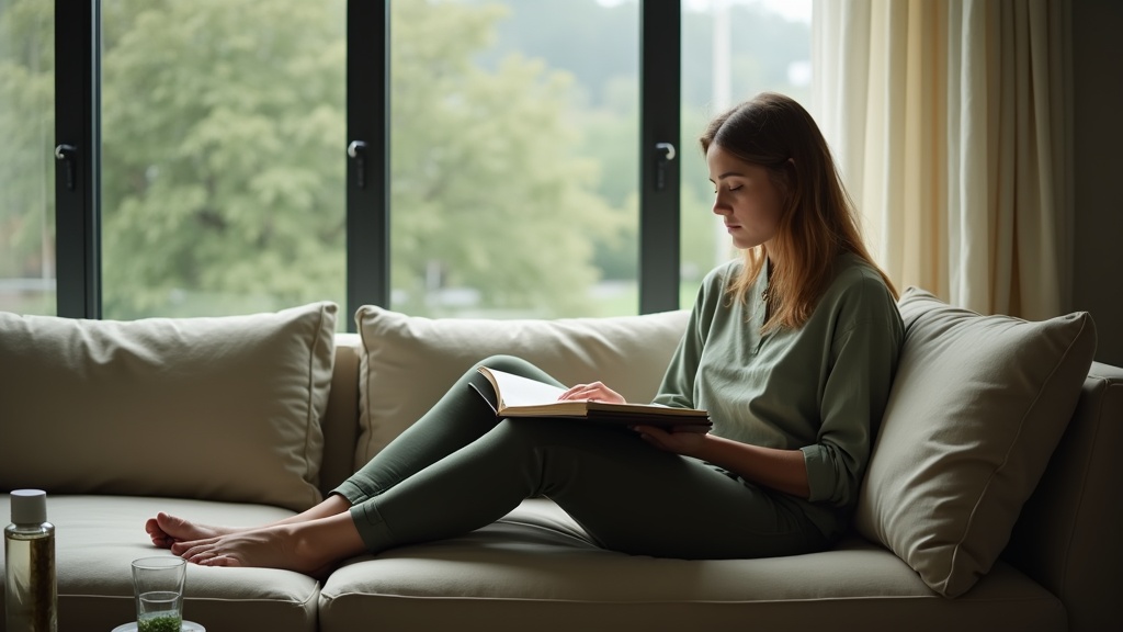 A person seated on a worn linen sofa near a tall window in early morning, framed