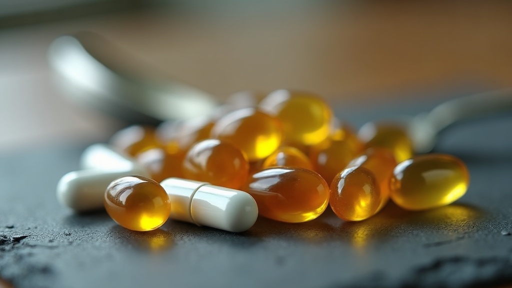 Close-up of a small pile of amber omega-3 softgels, two white magnesium glycinat