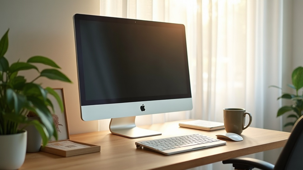 Lifestyle context of a tidy standing desk setup with a single monitor, a ceramic