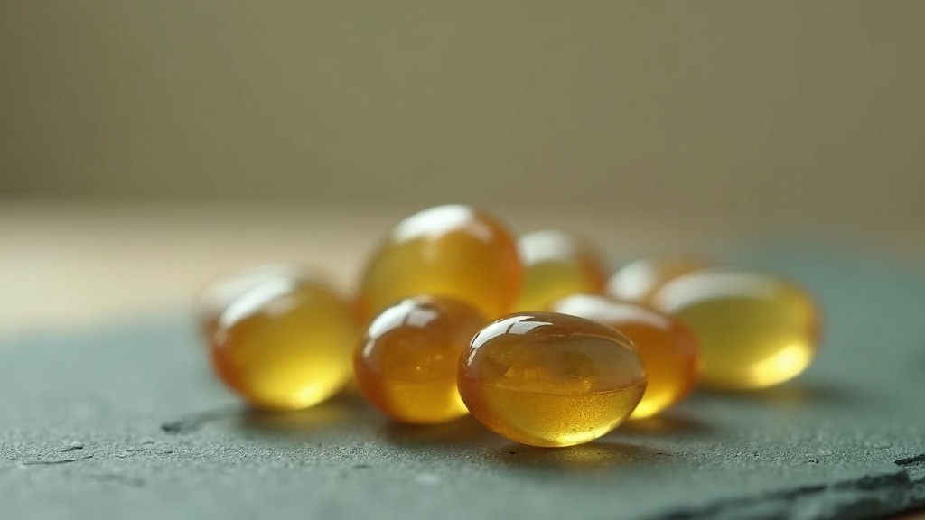 Close-up of a small pile of amber omega-3 fish oil softgel capsules next to two