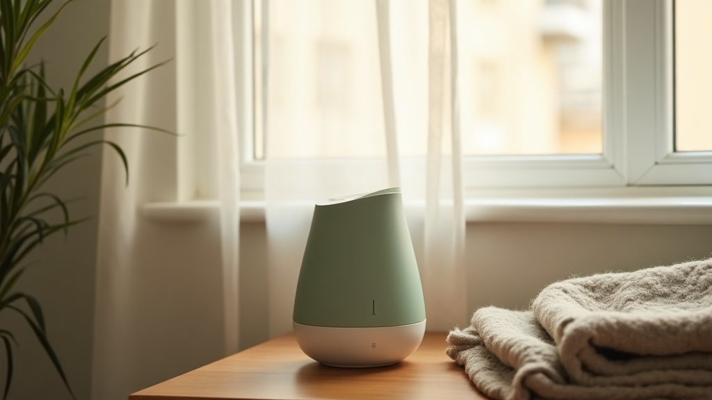 Lifestyle context of a small modern warm-mist humidifier on a wooden side table