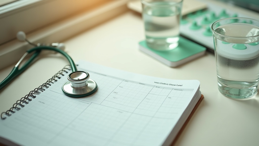 Overhead daylight photo of a doctor's desk: a stethoscope, a blood-pressure log