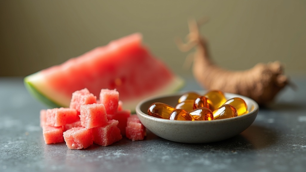 Natural still life of supplement ingredients in raw form on a slate surface: a s