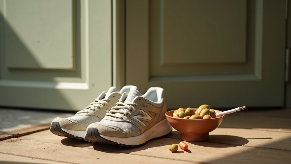 Lifestyle daylight scene of vascular-health basics: a pair of worn running shoes