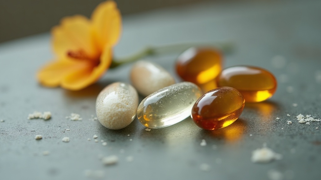 Close-up 16:9 macro on a slate-grey stone surface: three clear NAC capsules with