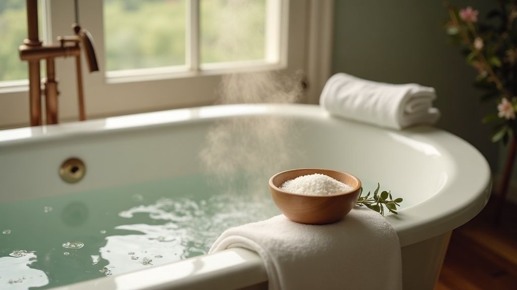 16:9 lifestyle context shot of a deep ceramic bathtub filled with steaming water