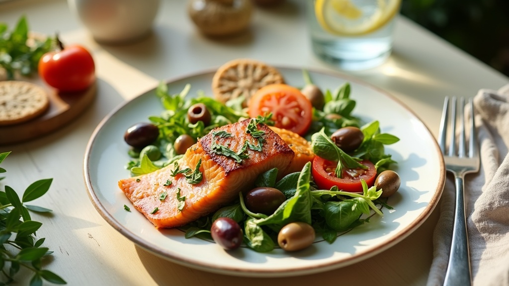 Overhead shot of a Mediterranean lunch plate: grilled salmon, dressed leafy gree