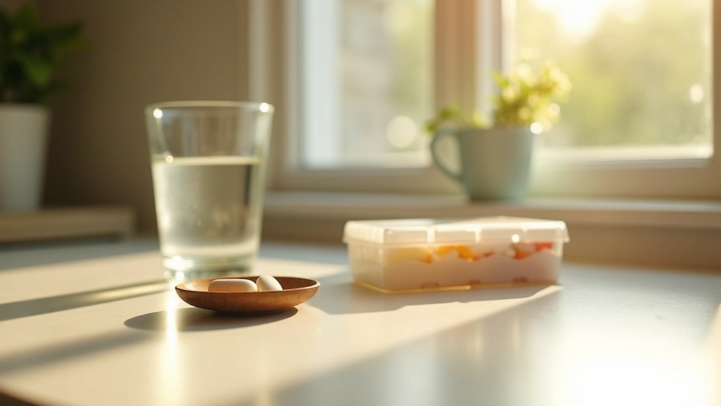 Lifestyle context still-life, eye-level on a sunlit kitchen counter: a glass of 