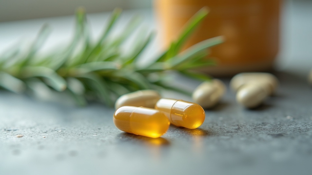 Close-up 16:9 macro of two CoQ10 ubiquinol softgels and a small scattering of ma