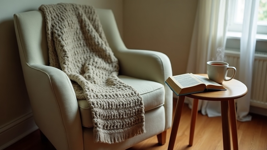 16:9 lifestyle context shot: a knitted oversized cardigan thrown over the arm of