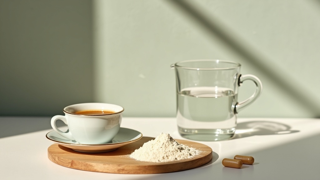 Close-up of a small scoop of white creatine monohydrate powder on a wooden board