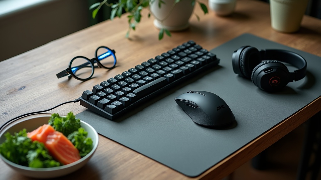 Overhead documentary shot of a mechanical gaming keyboard, a wired esports mouse