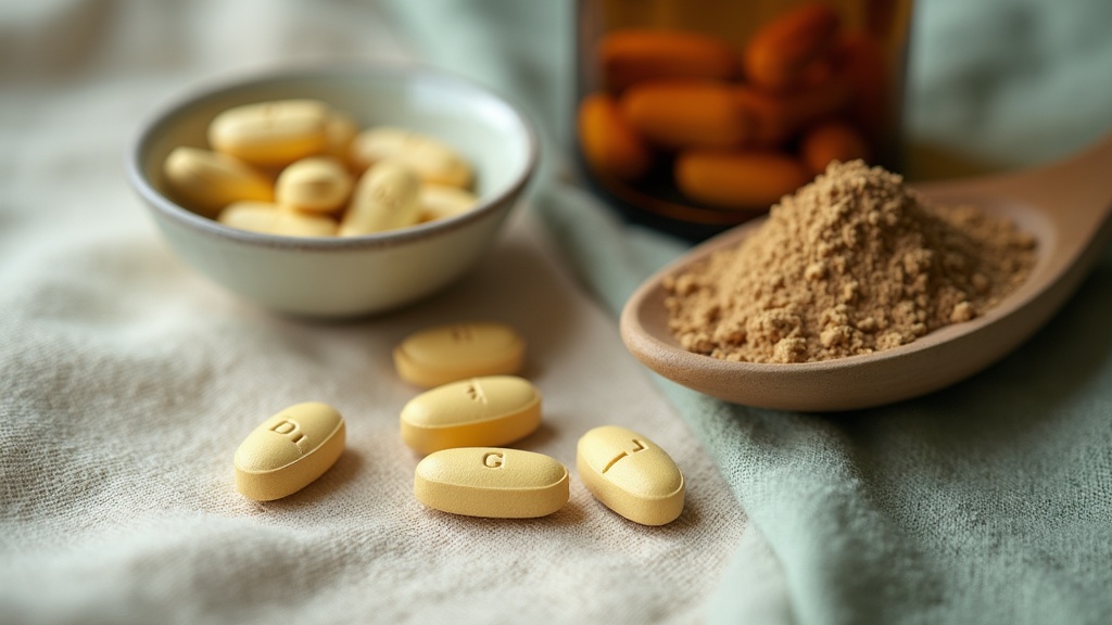 Overhead close-up of supplement forms on a linen surface in soft north-light: th