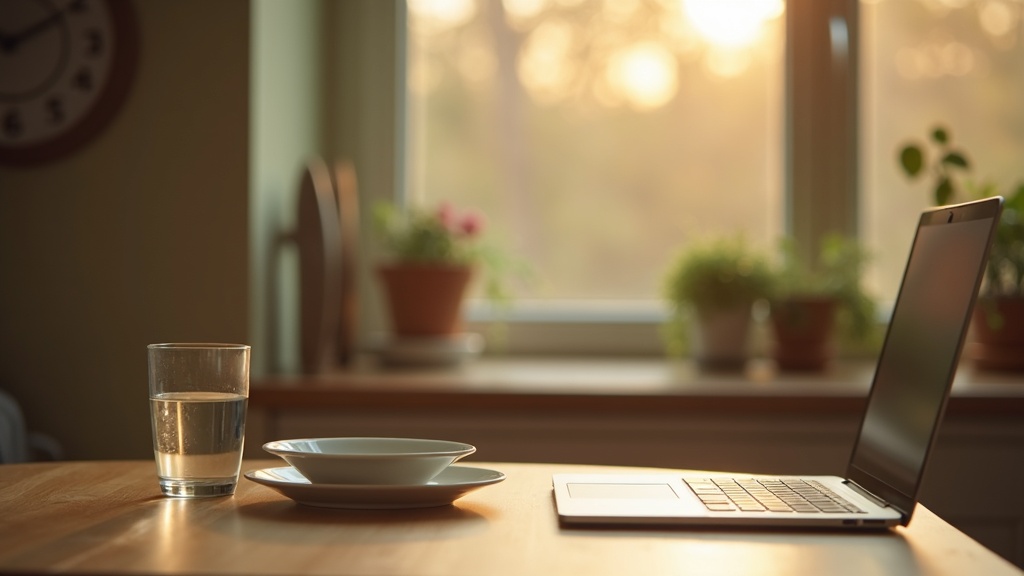 Lifestyle scene of an early-evening kitchen counter in warm window light: a clea