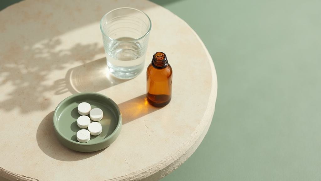 Editorial still-life, top-down on a neutral stone surface: a single amber prescr