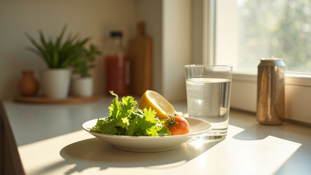 Lifestyle context still-life, eye-level on a sunlit kitchen counter: a glass of