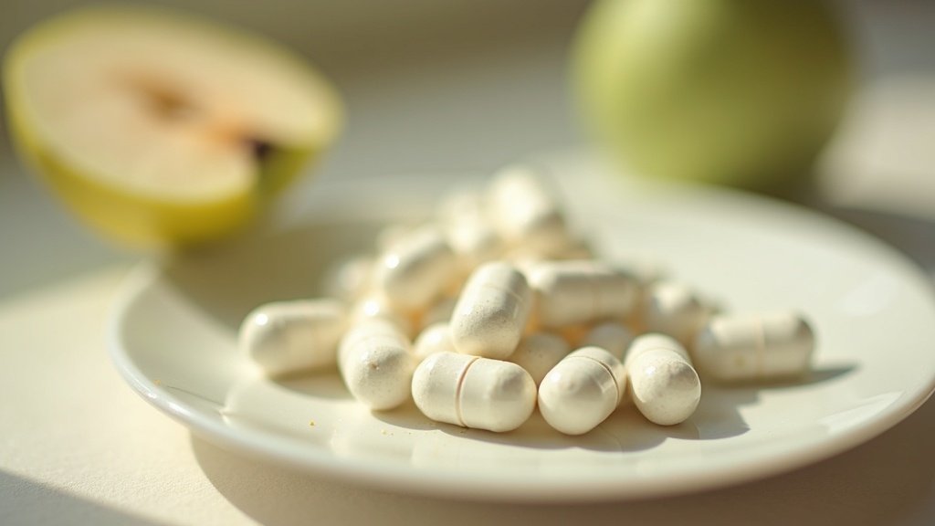 Tight close-up on white NAC capsules, a few green-flecked milk thistle softgels,