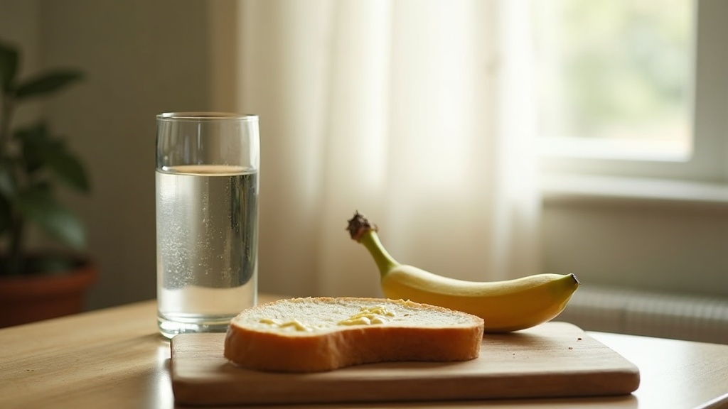 Quiet morning kitchen scene, a tall glass of water, a slice of buttered sourdoug