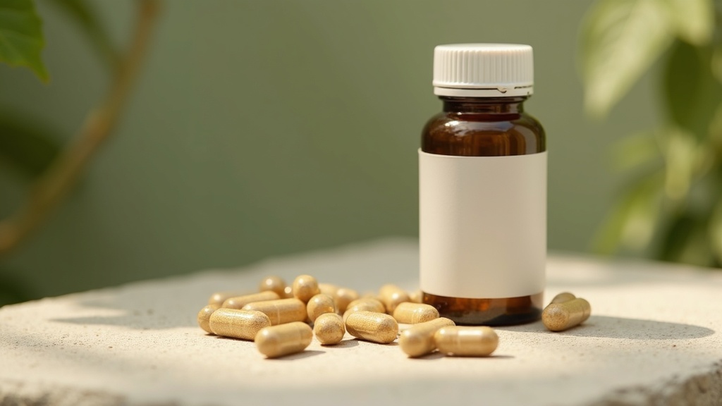 Close-up of a single amber-glass supplement bottle with a small pile of selenome